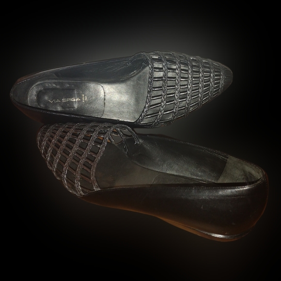Via Spiga Italian Flats Loafers Black and Woven/Braided Metallic Silver Leather - Picture 5 of 8